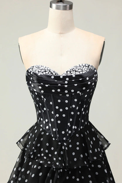 Vintage Strapless Lace Sweetheart Tiered Polka Dot Chiffon A Line Prom Dress With High Slit AD891
