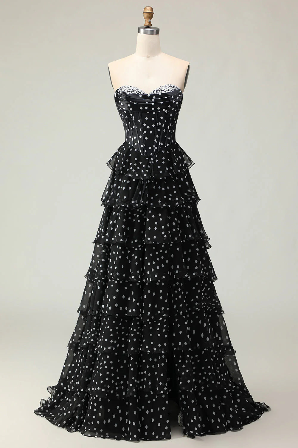 Vintage Strapless Lace Sweetheart Tiered Polka Dot Chiffon A Line Prom Dress With High Slit AD891