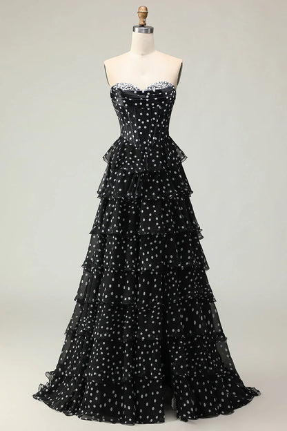 Vintage Strapless Lace Sweetheart Tiered Polka Dot Chiffon A Line Prom Dress With High Slit AD891