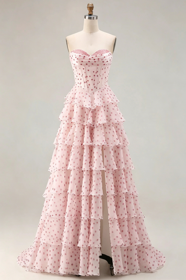 Vintage Strapless Lace Sweetheart Tiered Polka Dot Chiffon A Line Prom Dress With High Slit AD891