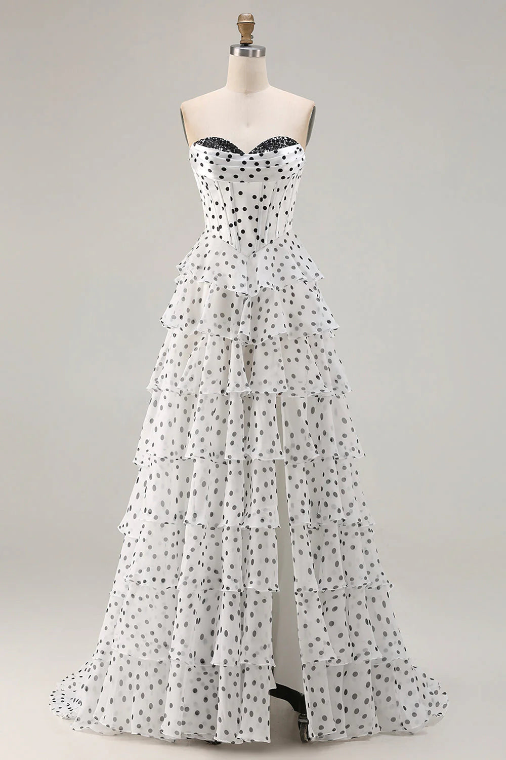 Vintage Strapless Lace Sweetheart Tiered Polka Dot Chiffon A Line Prom Dress With High Slit AD891