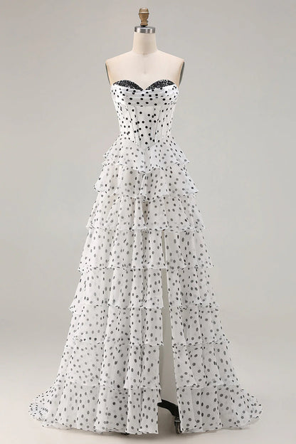 Vintage Strapless Lace Sweetheart Tiered Polka Dot Chiffon A Line Prom Dress With High Slit AD891