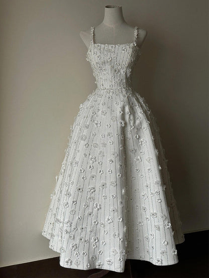 Romantic White Square Neck Rhinestone Stripe Spaghetti Straps 3D Floral A-Line Long Prom Dress AD892
