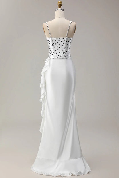 Vintage Square Neck Straps Polka Dot Corset Top Satin Mermaid Maxi Dress With Side Ruffle AD893