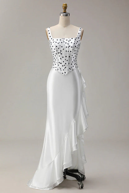 Vintage Square Neck Straps Polka Dot Corset Top Satin Mermaid Maxi Dress With Side Ruffle AD893