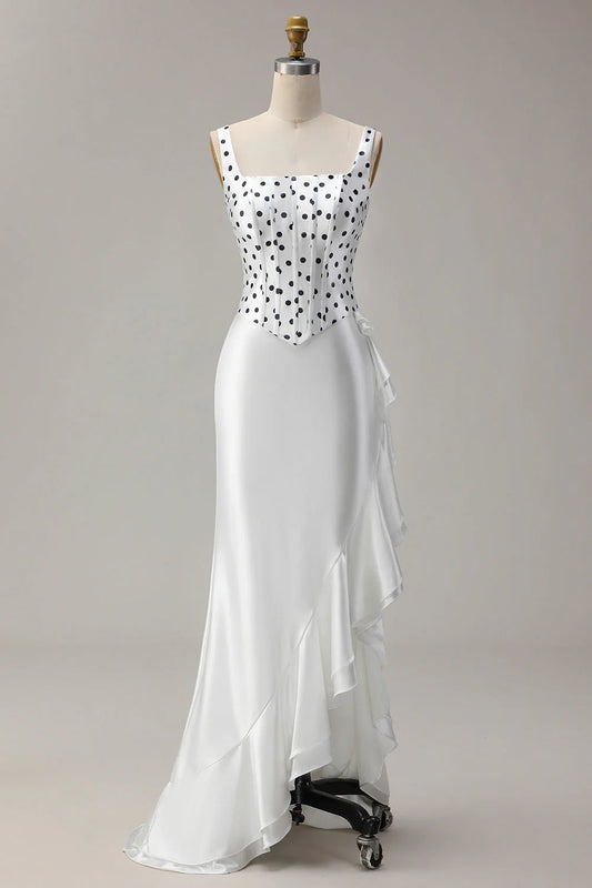 Vintage Square Neck Straps Polka Dot Corset Top Satin Mermaid Maxi Dress With Side Ruffle AD893