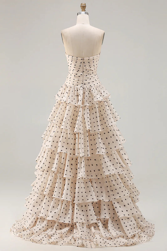 Romantic Champagne Sweetheart Cutout Polka Dot Chiffon Tiered A-Line Long Prom Dress With Bows AD894