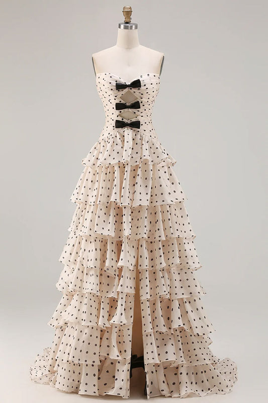 Romantic Champagne Sweetheart Cutout Polka Dot Chiffon Tiered A-Line Long Prom Dress With Bows AD894