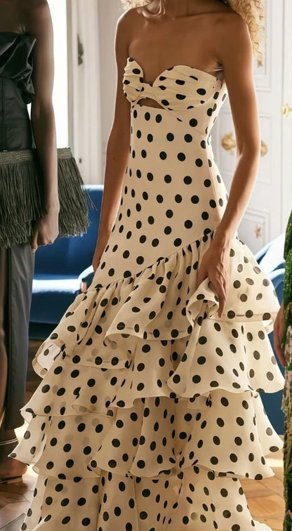 Vintage Cream Sweetheart Neck Cutout Big Black Dot Asymmetrical Tiered Chiffon Mermaid Long Prom Dress AD895