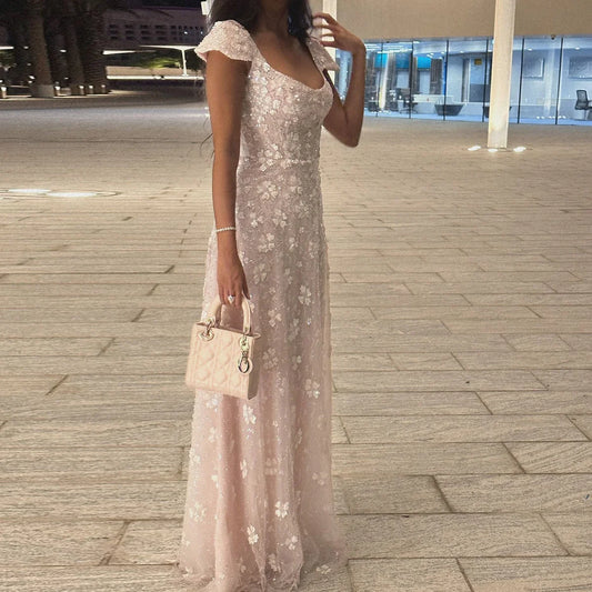Elegant Short Puff Sleeve 3D Floral Applique Sequin A-Line Long Prom Dress AD896