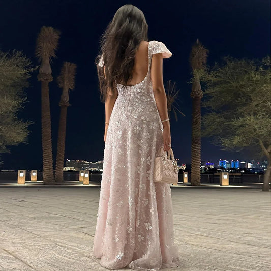 Elegant Short Puff Sleeve 3D Floral Applique Sequin A-Line Long Prom Dress AD896