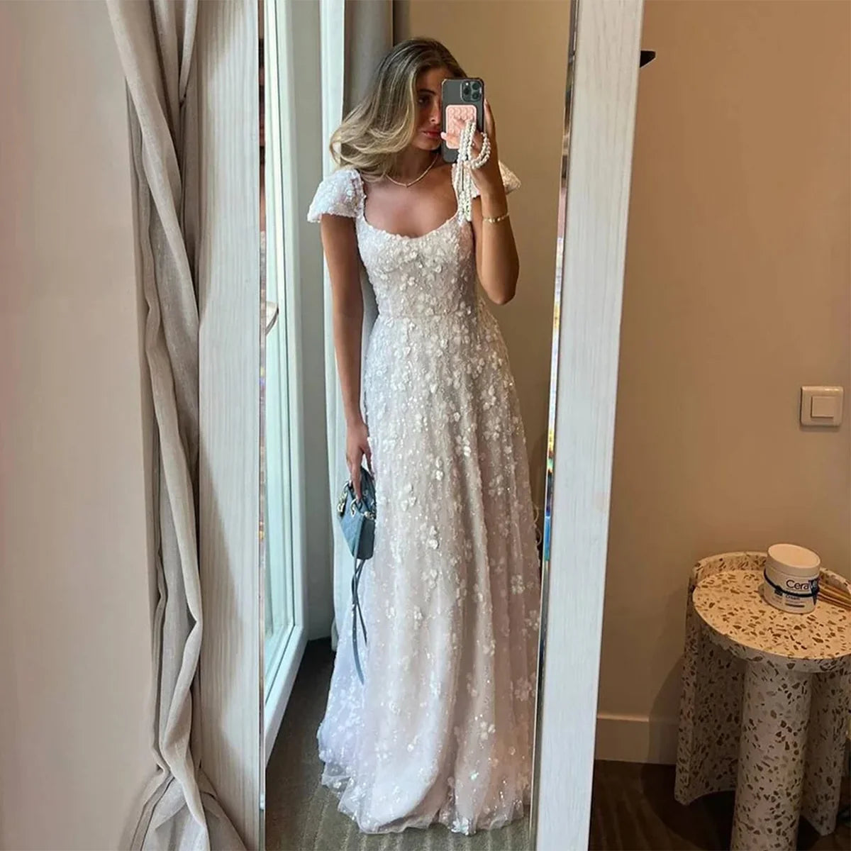 Elegant Short Puff Sleeve 3D Floral Applique Sequin A-Line Long Prom Dress AD896