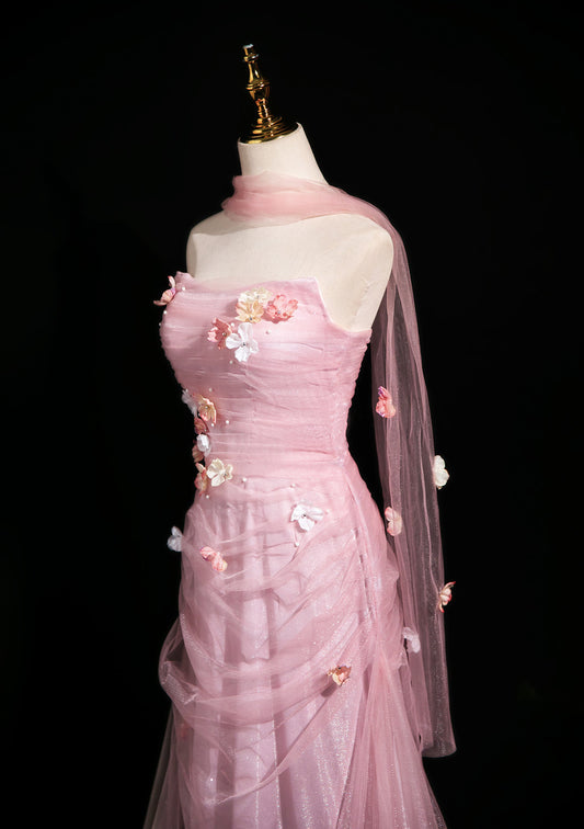Romantic Pink Strapless Ruched Glitter Tulle Mermaid Long Prom Dress With 3D Flowers AD897