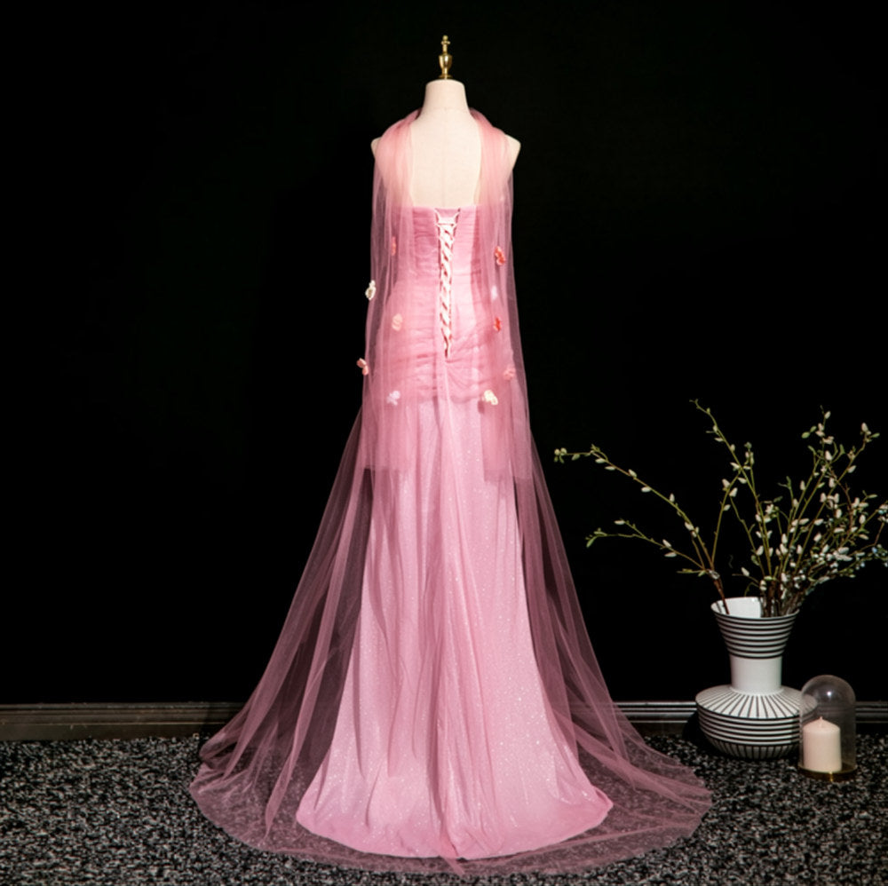 Romantic Pink Strapless Ruched Glitter Tulle Mermaid Long Prom Dress With 3D Flowers AD897