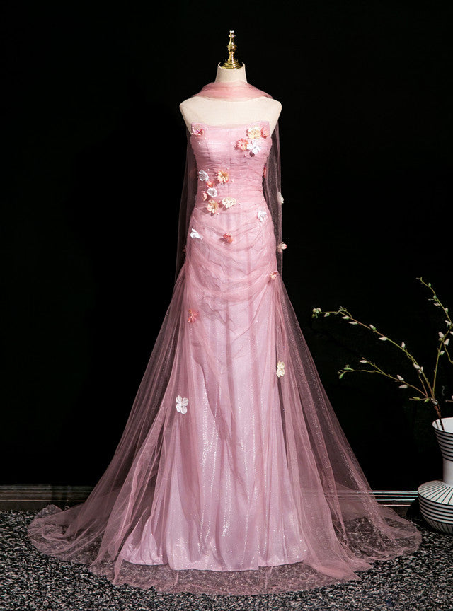 Romantic Pink Strapless Ruched Glitter Tulle Mermaid Long Prom Dress With 3D Flowers AD897
