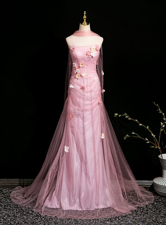 Romantic Pink Strapless Ruched Glitter Tulle Mermaid Long Prom Dress With 3D Flowers AD897