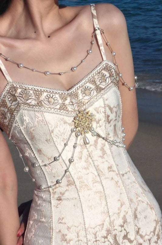 Vintage Ivory Spaghetti Straps Gold Jacquard Corset Mermaid Long Proom Dress With Pearl Chain AD898