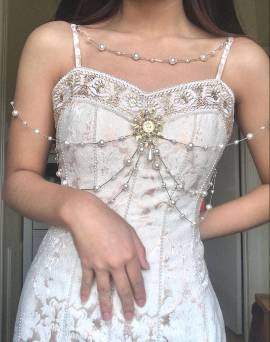 Vintage Ivory Spaghetti Straps Gold Jacquard Corset Mermaid Long Proom Dress With Pearl Chain AD898