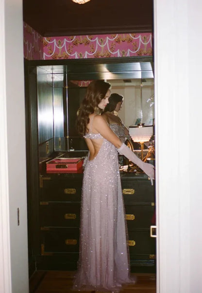 Delicate Blush Sweetheart Neck Spaghetti Strap Beaded Empire Waist A-Line Prom Dress AD900