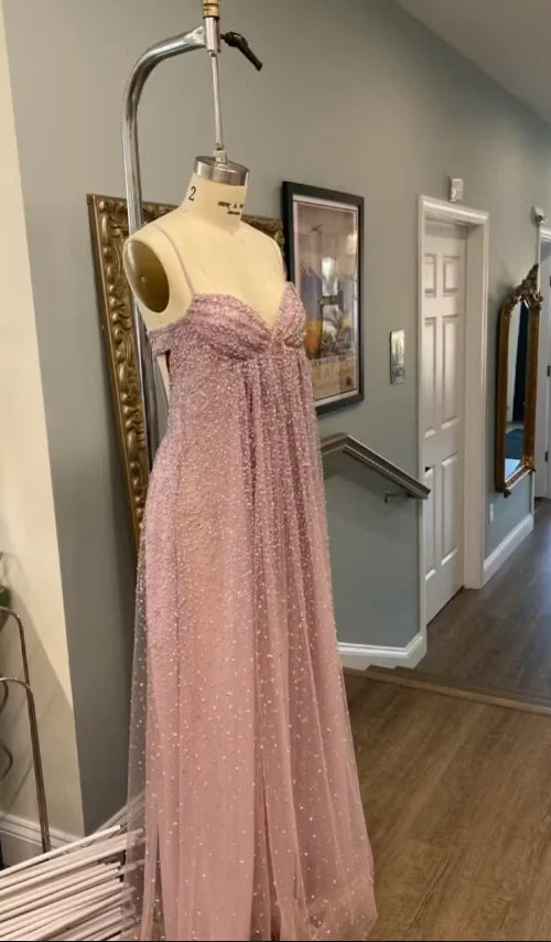 Delicate Blush Sweetheart Neck Spaghetti Strap Beaded Empire Waist A-Line Prom Dress AD900