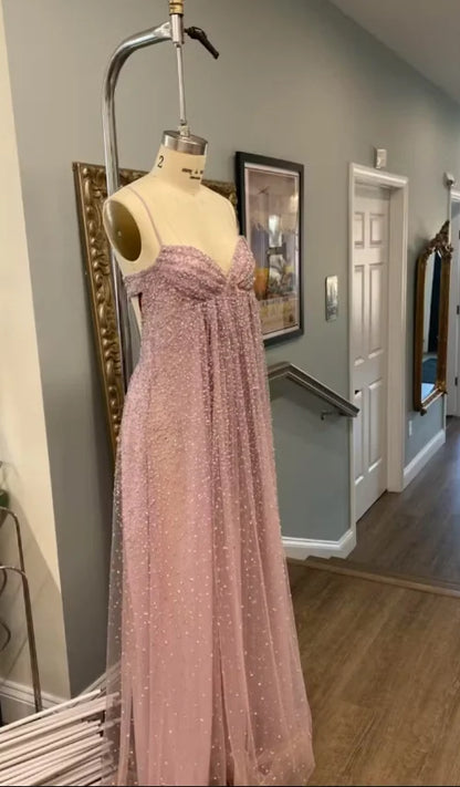 Delicate Blush Sweetheart Neck Spaghetti Strap Beaded Empire Waist A-Line Prom Dress AD900