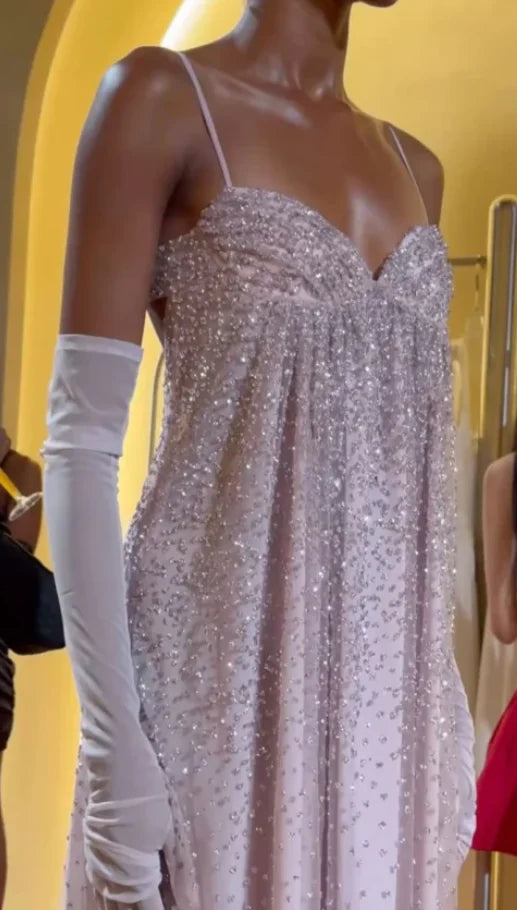 Delicate Blush Sweetheart Neck Spaghetti Strap Beaded Empire Waist A-Line Prom Dress AD900