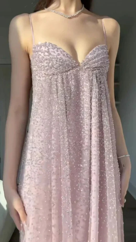 Delicate Blush Sweetheart Neck Spaghetti Strap Beaded Empire Waist A-Line Prom Dress AD900
