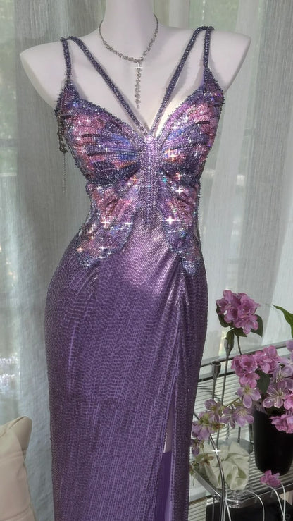 Luxurious Lavender Galaxy Beaded Double Spaghetti Strap Mermaid Slit Prom Dress AD901