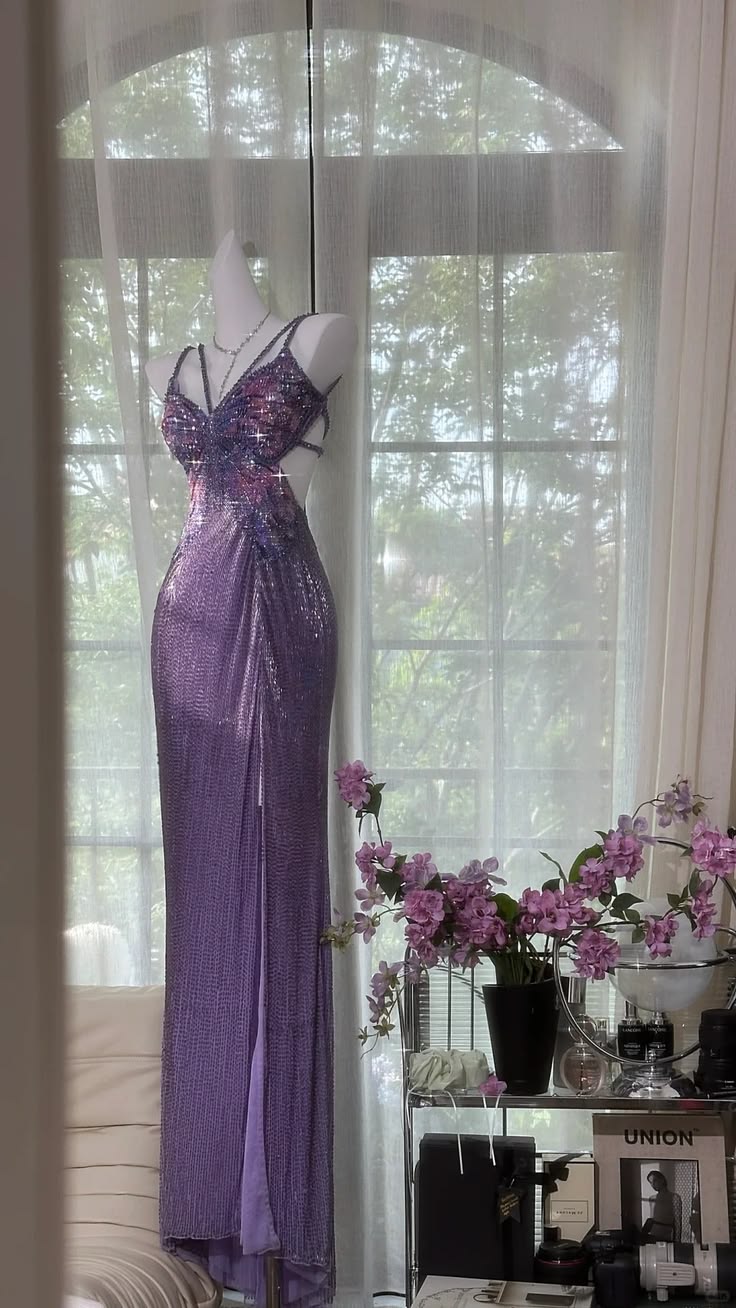 Luxurious Lavender Galaxy Beaded Double Spaghetti Strap Mermaid Slit Prom Dress AD901