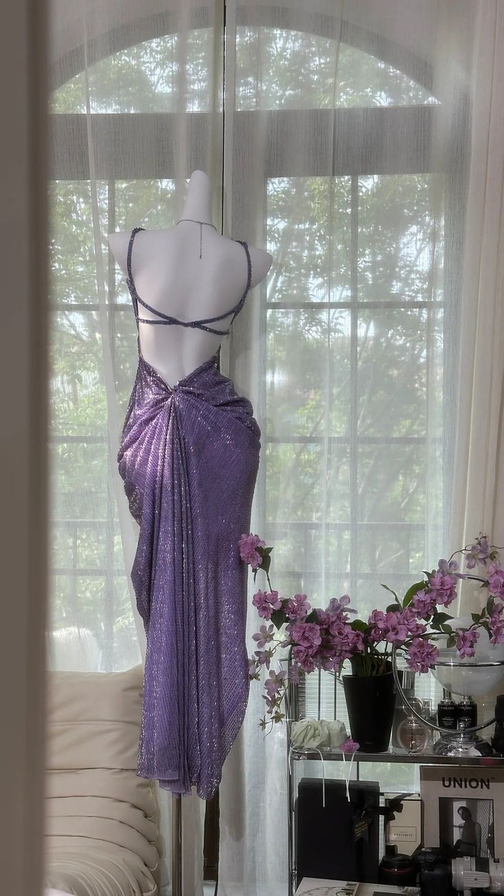 Luxurious Lavender Galaxy Beaded Double Spaghetti Strap Mermaid Slit Prom Dress AD901