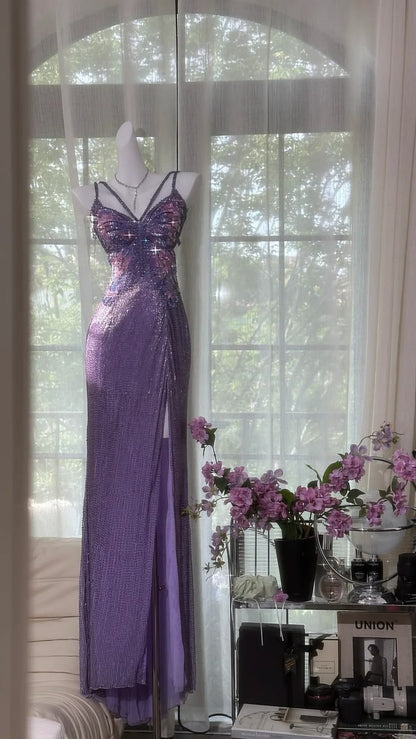 Luxurious Lavender Galaxy Beaded Double Spaghetti Strap Mermaid Slit Prom Dress AD901