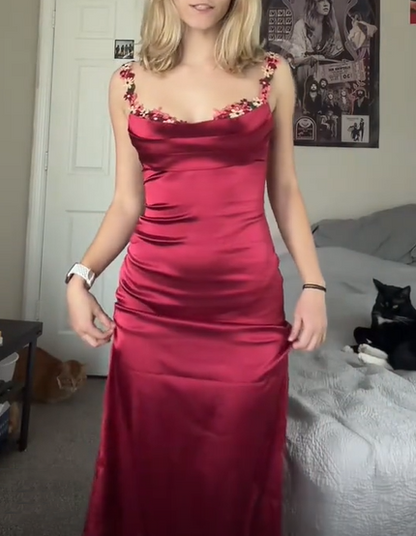 Romantic Champagne Floral Neck Spaghetti Strap Satin Mermaid Long Prom Dress AD902