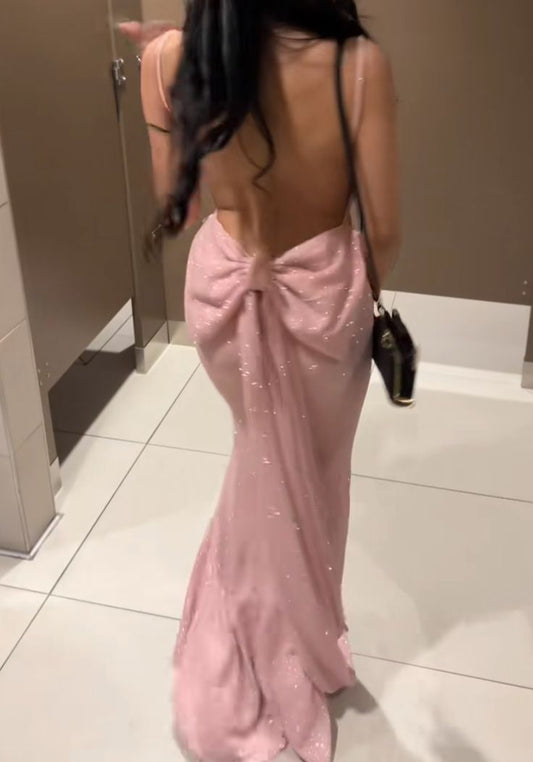 Gorgeous Glimmer Spaghetti Strap Bow Open Back Mermaid Long Prom Dress AD903