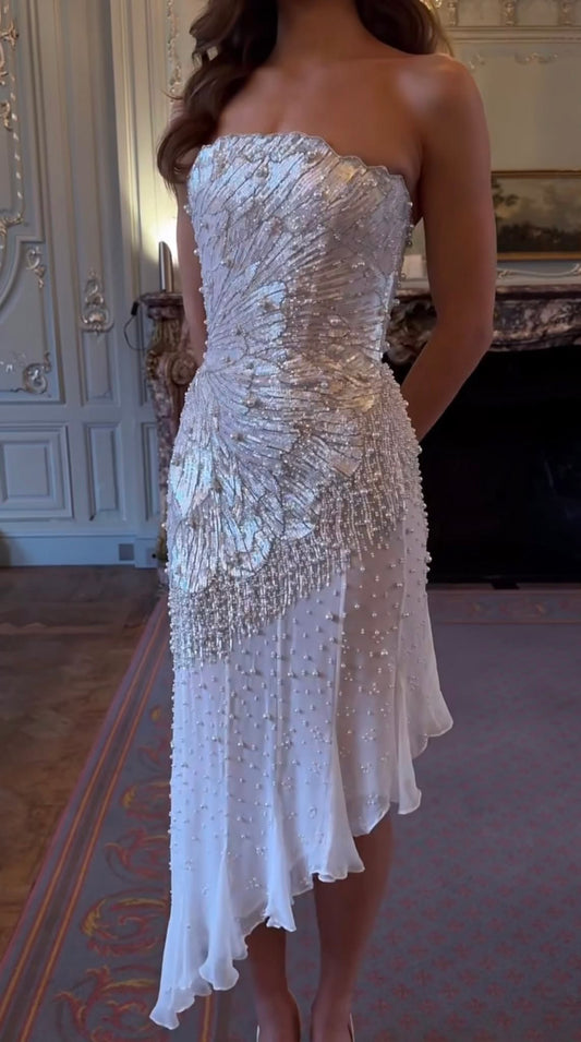 Luxury White Strapless Iridescent Fringe Pearl Asymmetrical Hem Chiffon Bodycon Long Prom Dress AD904