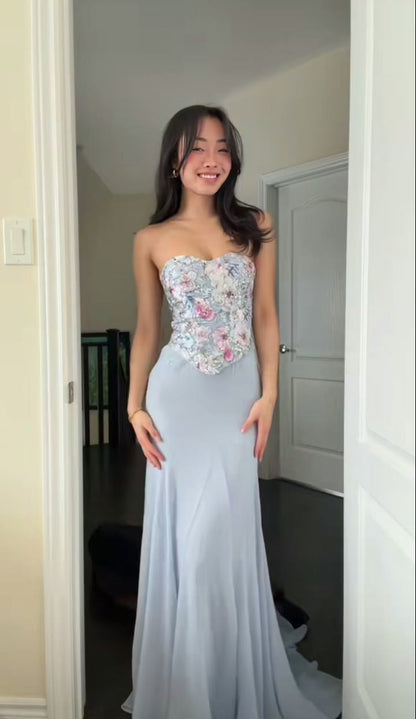 Romantic Dusty Blue Strapless Floral Applique Beaded Corset Mermaid Long Prom Dress AD906