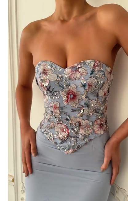 Romantic Dusty Blue Strapless Floral Applique Beaded Corset Mermaid Long Prom Dress AD906