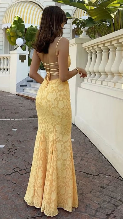 Bright Sunny Yellow Spaghetti Strap Open Back Tie Long Mermaid Prom Dress AD907