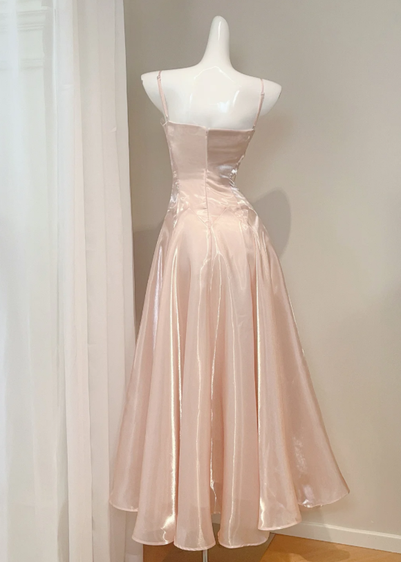 Sleek Blush Pearl Shimmer Liquid Satin Spaghetti Straps Twist Sweetheart Neck A-Line Long Prom Dress AD908