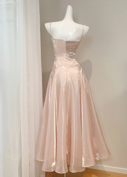 Sleek Blush Pearl Shimmer Liquid Satin Spaghetti Straps Twist Sweetheart Neck A-Line Long Prom Dress AD908