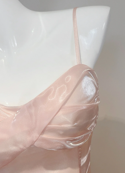 Sleek Blush Pearl Shimmer Liquid Satin Spaghetti Straps Twist Sweetheart Neck A-Line Long Prom Dress AD908