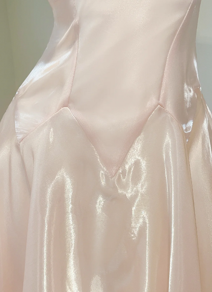 Sleek Blush Pearl Shimmer Liquid Satin Spaghetti Straps Twist Sweetheart Neck A-Line Long Prom Dress AD908