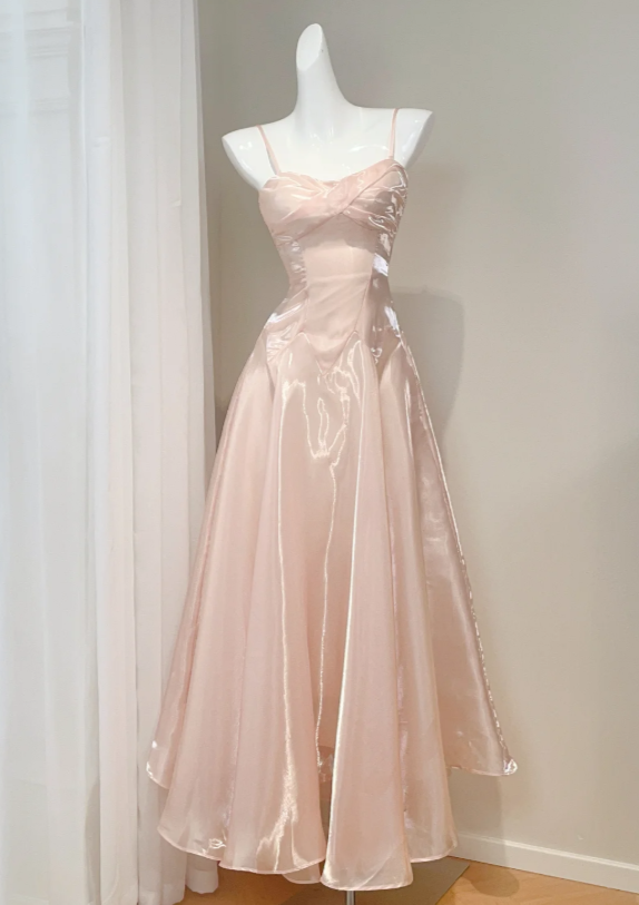 Sleek Blush Pearl Shimmer Liquid Satin Spaghetti Straps Twist Sweetheart Neck A-Line Long Prom Dress AD908