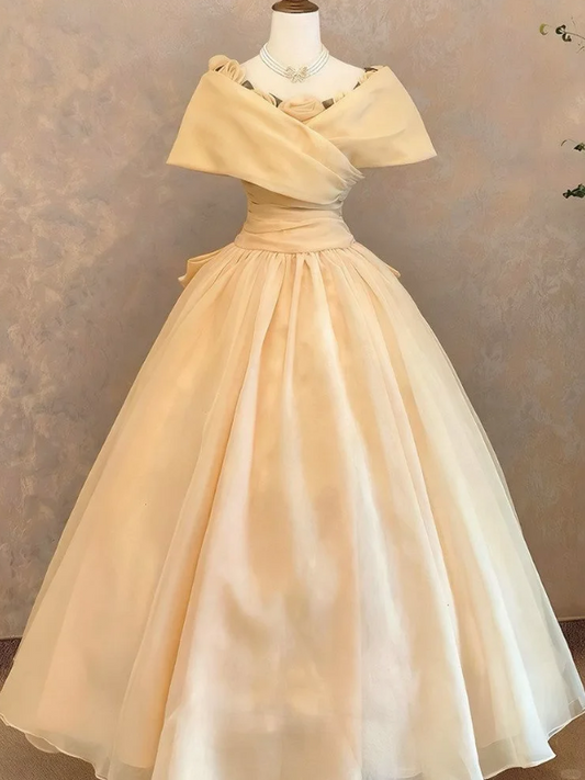 Vintage Cream Yellow Sheer Organza Off Shoulder Rose Trim Neck A Line Long Prom Dress AD909