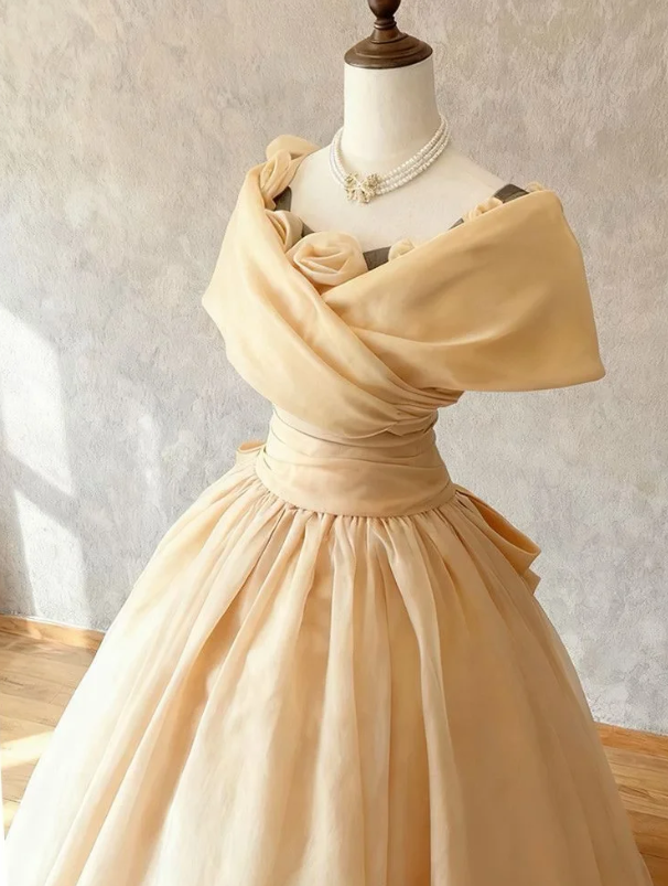 Vintage Cream Yellow Sheer Organza Off Shoulder Rose Trim Neck A Line Long Prom Dress AD909