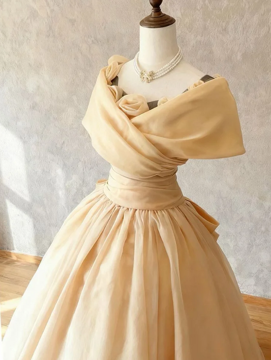Vintage Cream Yellow Sheer Organza Off Shoulder Rose Trim Neck A Line Long Prom Dress AD909