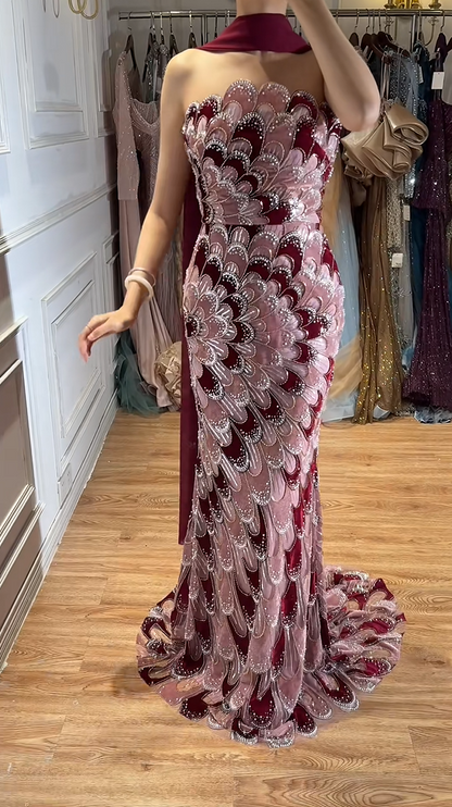 Luxury Strapless Two-Tone Burgundy Dusty Rose Feather Beaded Mermaid Long Prom Dress With Sweep Train AD910