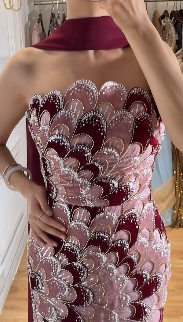 Luxury Strapless Two-Tone Burgundy Dusty Rose Feather Beaded Mermaid Long Prom Dress With Sweep Train AD910