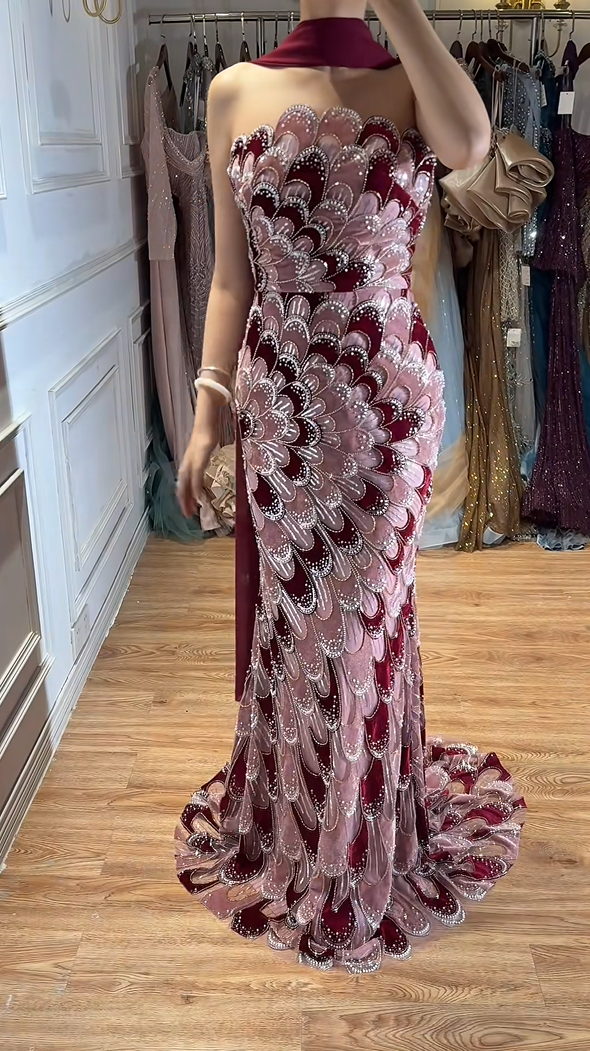 Luxury Strapless Two-Tone Burgundy Dusty Rose Feather Beaded Mermaid Long Prom Dress With Sweep Train AD910