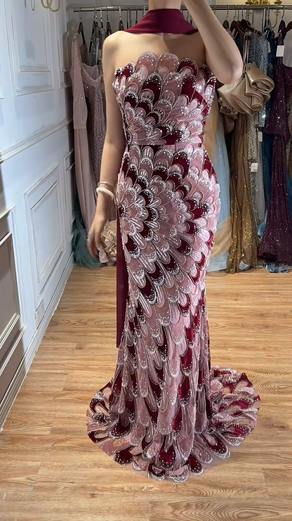 Luxury Strapless Two-Tone Burgundy Dusty Rose Feather Beaded Mermaid Long Prom Dress With Sweep Train AD910