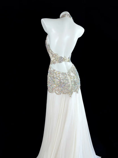 Glam White Halter V Neck Open Back Beaded Chiffon A Line Long Prom Dress With Sweep Train AD911